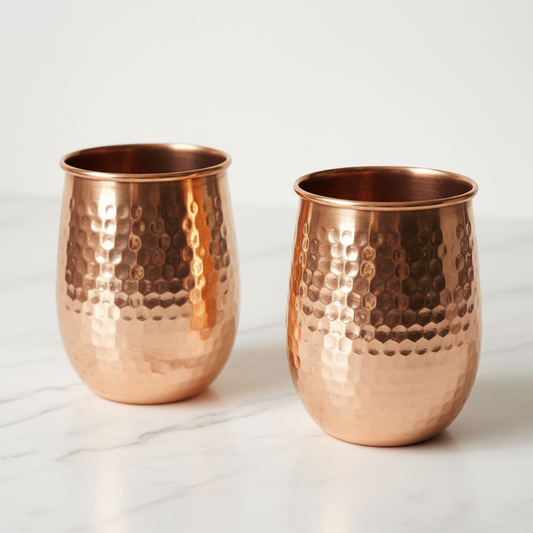 Pure Copper Rolled Rim Tumbler Set of 2 | 400ml Hammered Ayurvedic Glasses