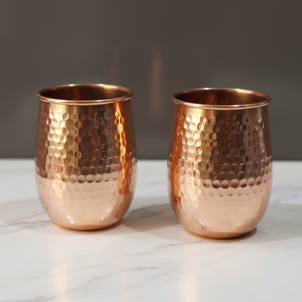 Pure Copper Rolled Rim Tumbler Set of 2 | 400ml Hammered Ayurvedic Glasses