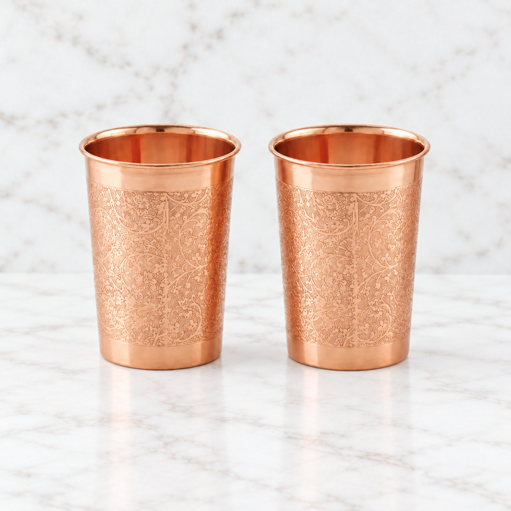 Drikkeglass i rent kobber, gravert – Sett med 2 | 300 ml