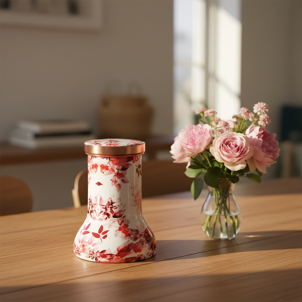 Pure Copper Bedside Red Floral Printed Lily Pot with Lid – 1000ml