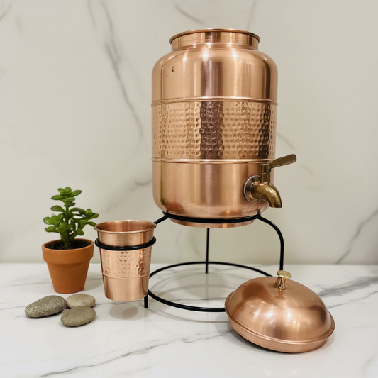 Pure Copper Water Dispenser Half Hammered Dark Finish with Glass & Stand – 5L