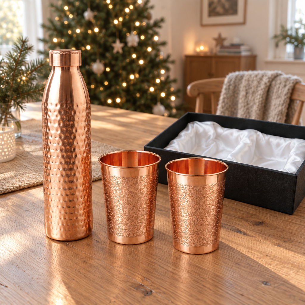 Nordic Copper Christmas Gift Set | Hammered 1L Bottle & Floral Engraved Tumblers