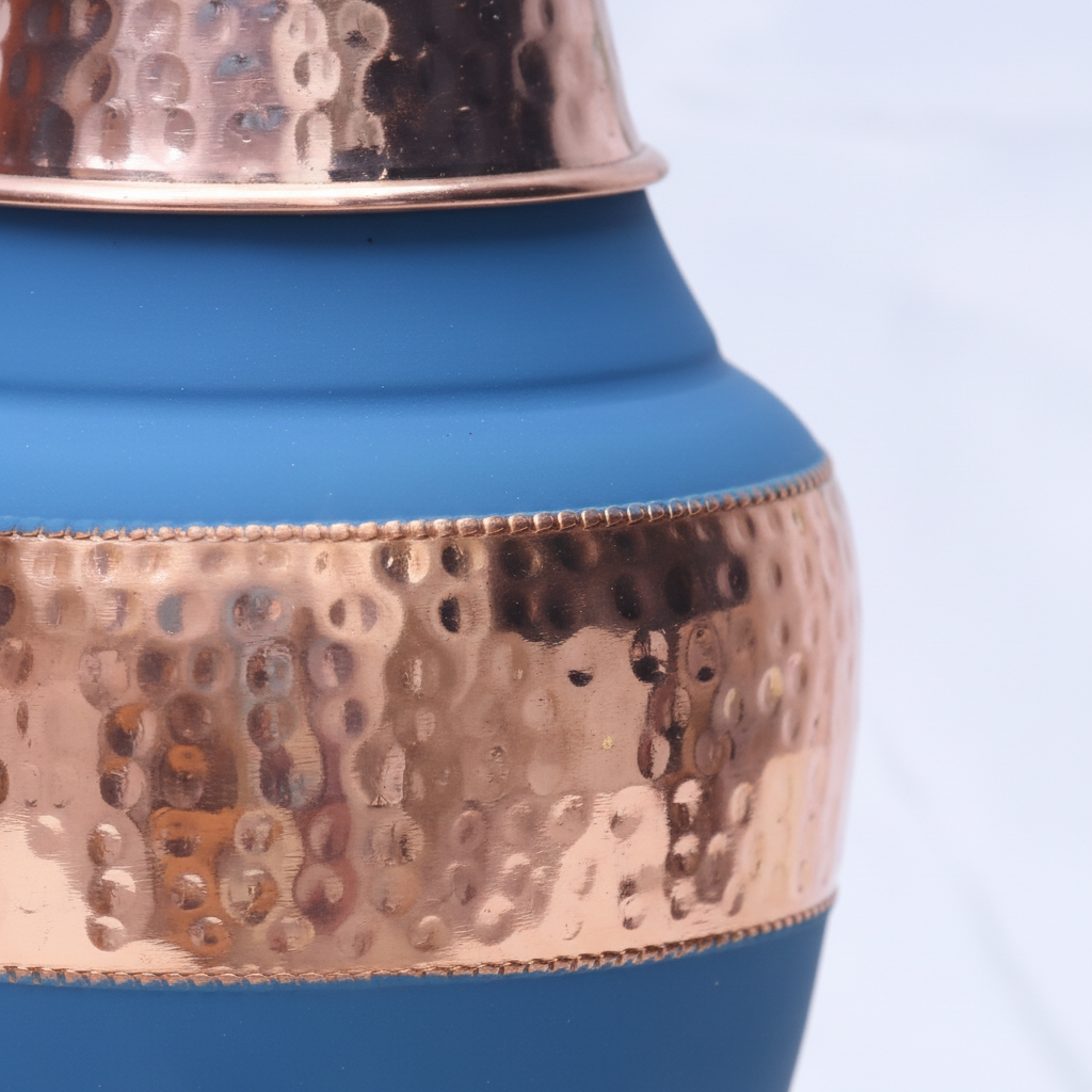 Pure Copper Silk Blue Venus Pot with Inbuilt Glass | 1400ml | Ayurvedic | Designed in Norway