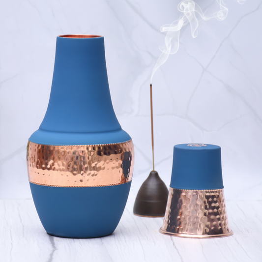 Pure Copper Silk Blue Venus Pot with Inbuilt Glass | 1400ml | Ayurvedic | Designed in Norway