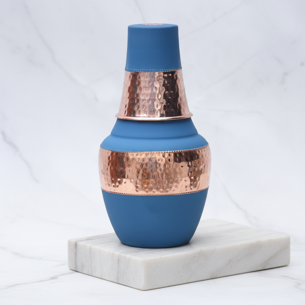 Pure Copper Silk Blue Venus Pot with Inbuilt Glass | 1400ml | Ayurvedic | Designed in Norway