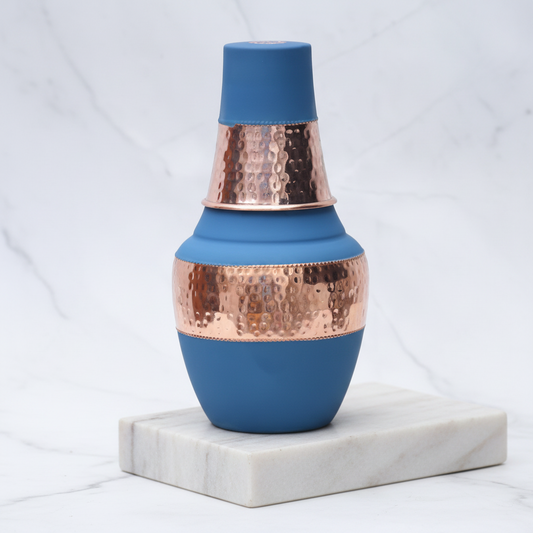 Pure Copper Silk Blue Venus Pot with Inbuilt Glass | 1400ml | Ayurvedic | Designed in Norway