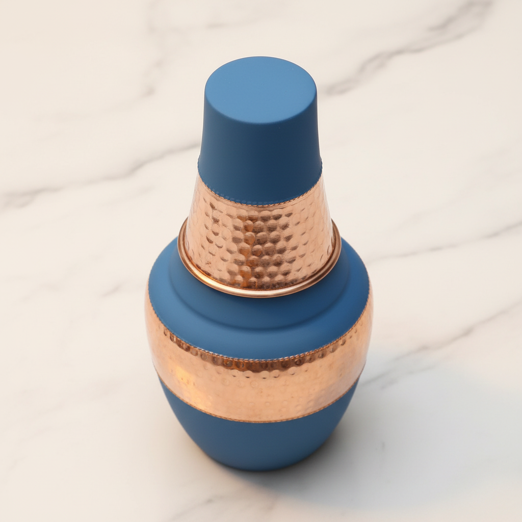 Pure Copper Silk Blue Venus Pot with Inbuilt Glass | 1400ml | Ayurvedic | Designed in Norway