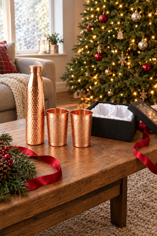 Nordic Copper Christmas Gift Set | Hammered 1L Bottle & Floral Engraved Tumblers