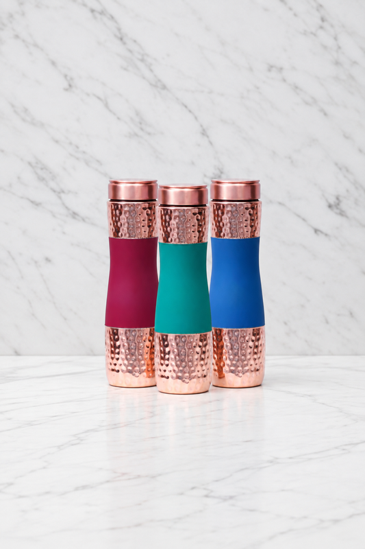 Pure Copper Water Bottle Set of 3 – Red, Green & Blue | Hammered Silk Finish
