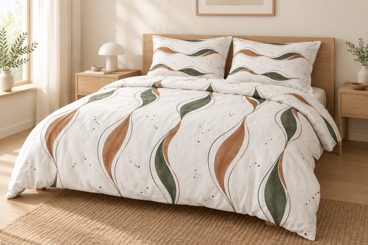Nordic Wavy Leaf 100% Cotton Duvet Cover Set with 2 Shams