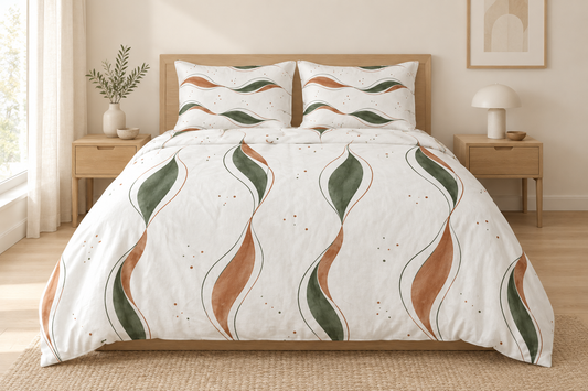 Nordic Wavy Leaf 100% Cotton Duvet Cover Set with 2 Shams