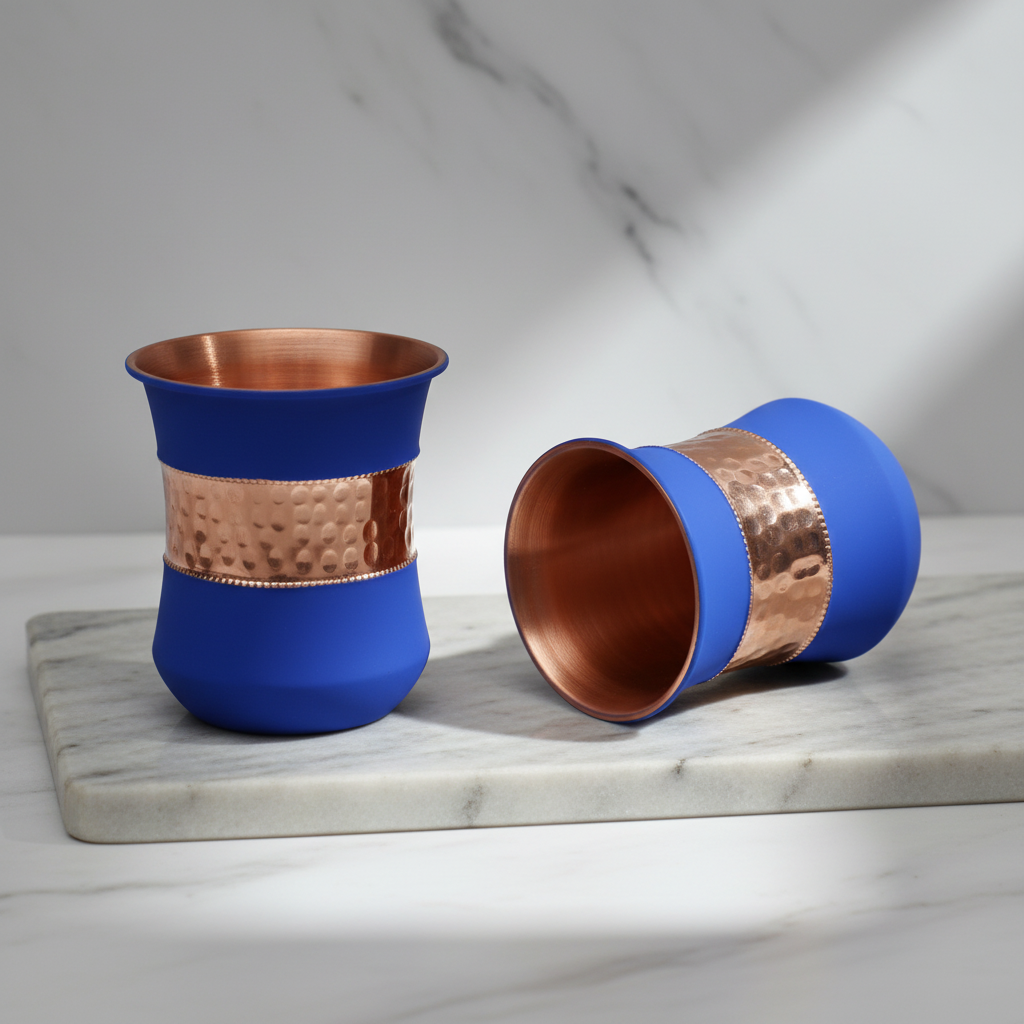 Pure Copper Water Glass Set of 2 Silk Blue Half Hammered Damru Tumbler 300ml