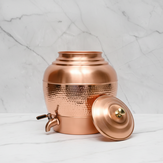 Pure Copper Round Half-Hammered Matka Dispenser 10L | Ayurvedic, Handcrafted