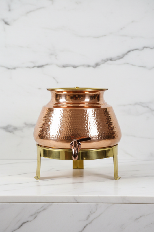 Pure Copper Full-Hammered Water Dispenser 8L | With Brass Stand | Ayurvedic, Handcrafted