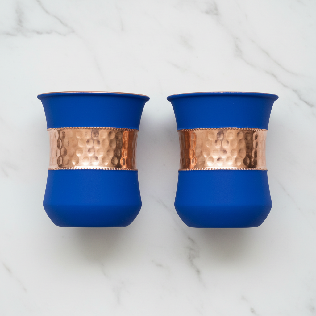Pure Copper Water Glass Set of 2 Silk Blue Half Hammered Damru Tumbler 300ml