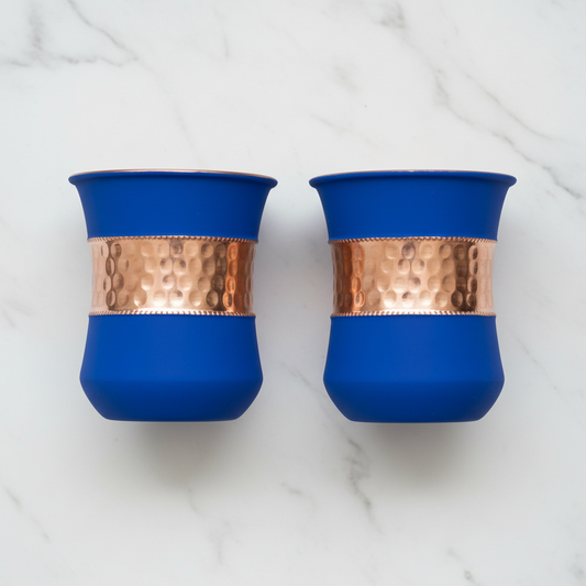 Pure Copper Water Glass Set of 2 Silk Blue Half Hammered Damru Tumbler 300ml