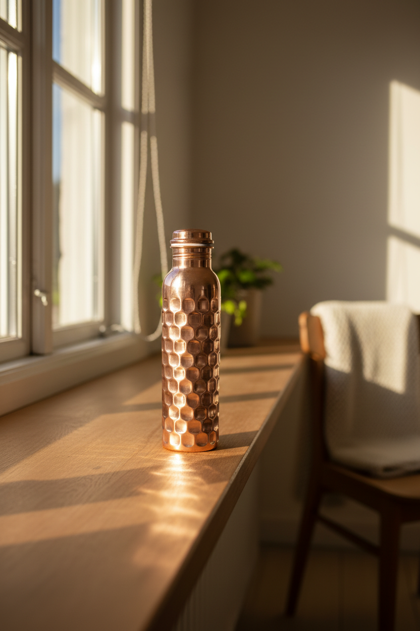 100% Pure Certified Copper Water Bottle – Heavy Brick Hammered / Honeycomb Design 1000ml