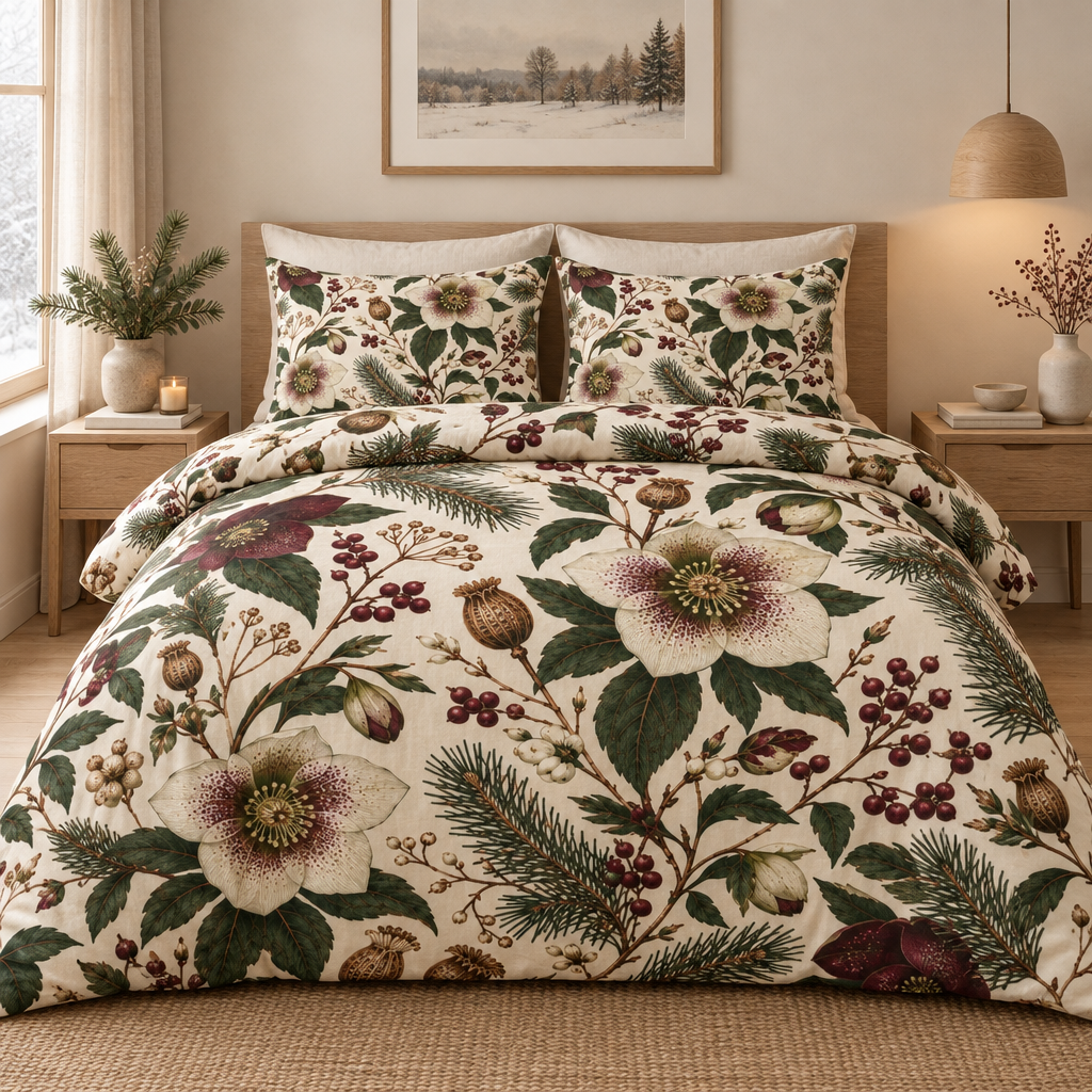 Winter Hellebore 100% Cotton Duvet Cover Set with 2 Shams