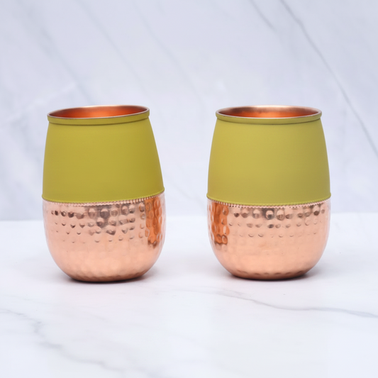 Pure Copper Silk Yellow Half Hammered Dholak Tumbler – Set of 2 | 250ml