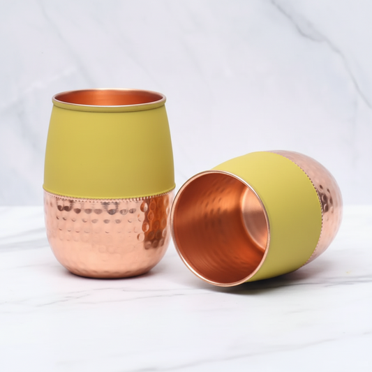 Pure Copper Silk Yellow Half Hammered Dholak Tumbler – Set of 2 | 250ml