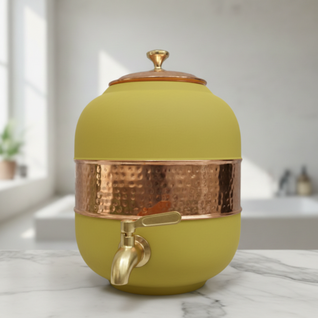 Pure Copper Water Dispenser – Silk Finish & Half Hammered | 5L & 8L | Red, Blue, Green, Yellow, Black, Gray