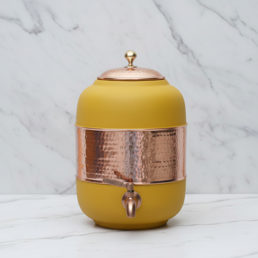 Pure Copper Water Dispenser – Silk Finish & Half Hammered | 5L & 8L | Red, Blue, Green, Yellow, Black, Gray